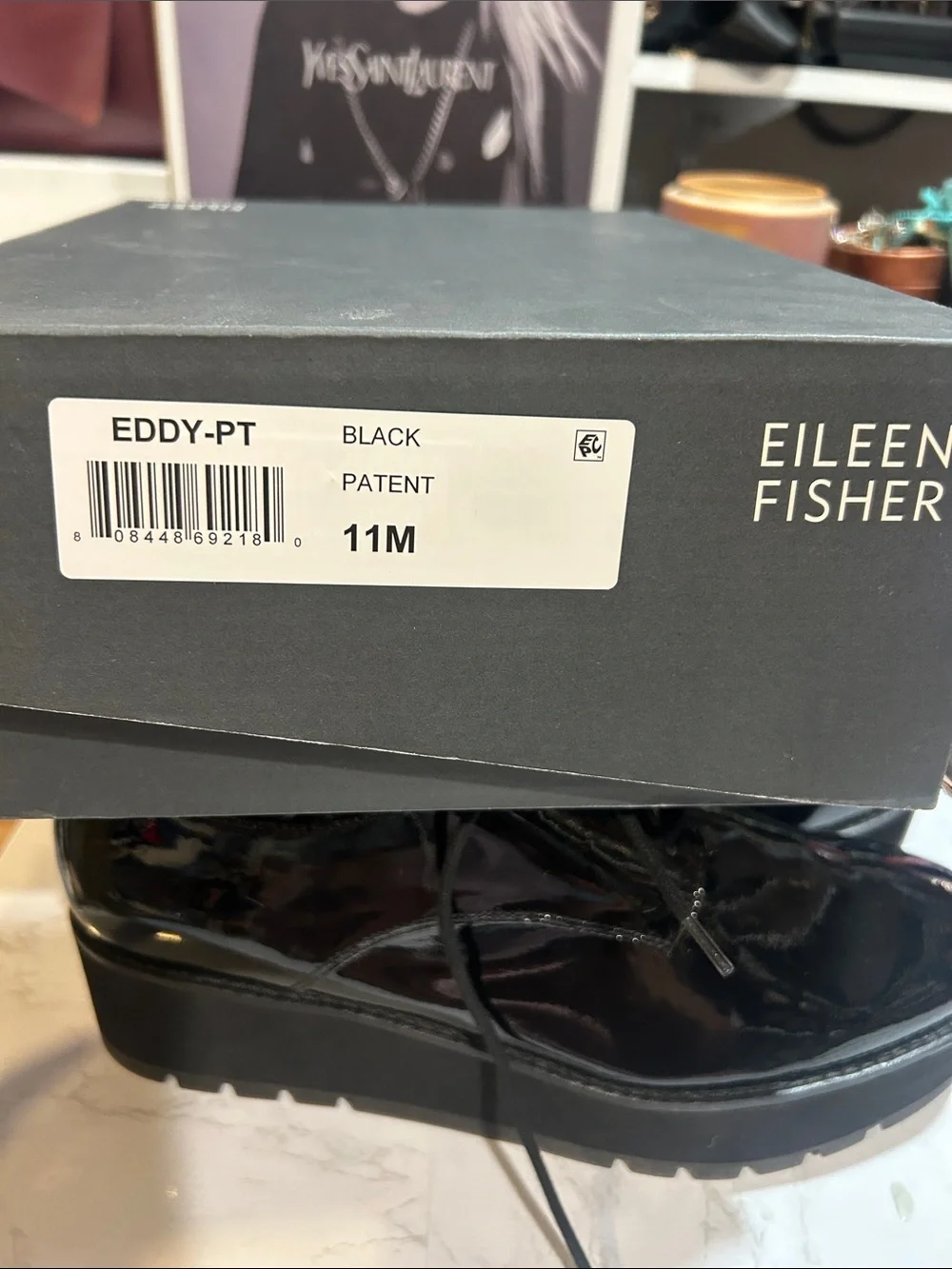 Eileen Fisher Eddy Black Patent Platform Lace-Up Boots